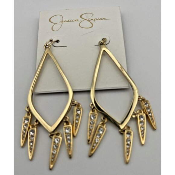 Jessica Simpson Large Gold-Tone Open Teardrop Crystal Dangle Charm Drop Earrings - Picture 2 of 3